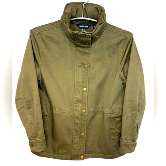 LANDS END CANVAS GREEN BUTTON ZIP JACKET + HIDE A WAY HOOD, SIZE XS - Picture 1 of 14